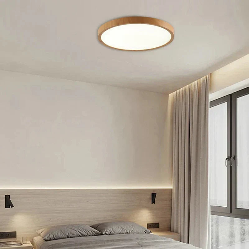 Ronde Plafondlamp Houtlook LED Dimbaar Ultra Plat Design Woonkamer Slaapkamer Scandinavische Verlichting | Sansoti