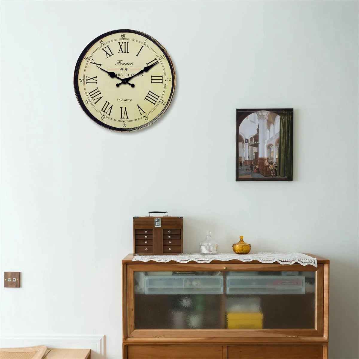 Round MDF Wall Clock Silent Hand Movement Classic French Pattern Living Room Bedroom Kitchen Decorative | Sansoti