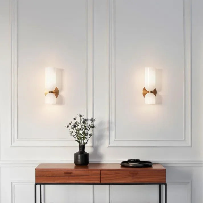 Aplique de vidrio dorado con doble pantalla, 35cm, E14, para recibidor, salón y dormitorio, moderno y elegante | Sansoti