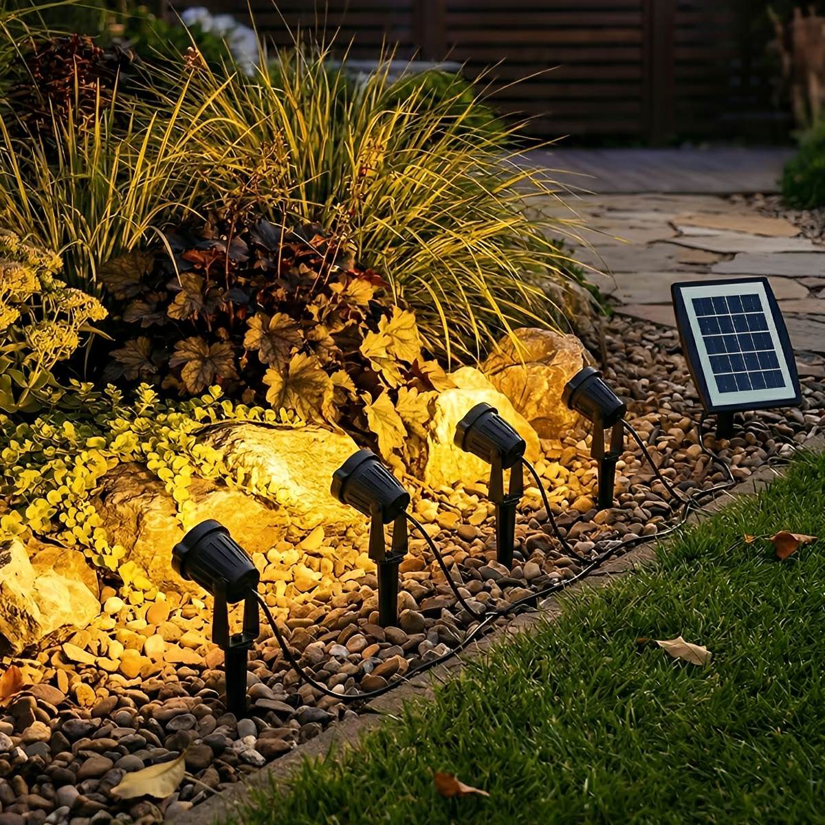 Oplaadbare Solar LED Tuinspot Zwart IP65 Waterdicht 3W Warm Wit Licht Verstelbaar Buitenverlichting 2,5m Kabel | Sansoti