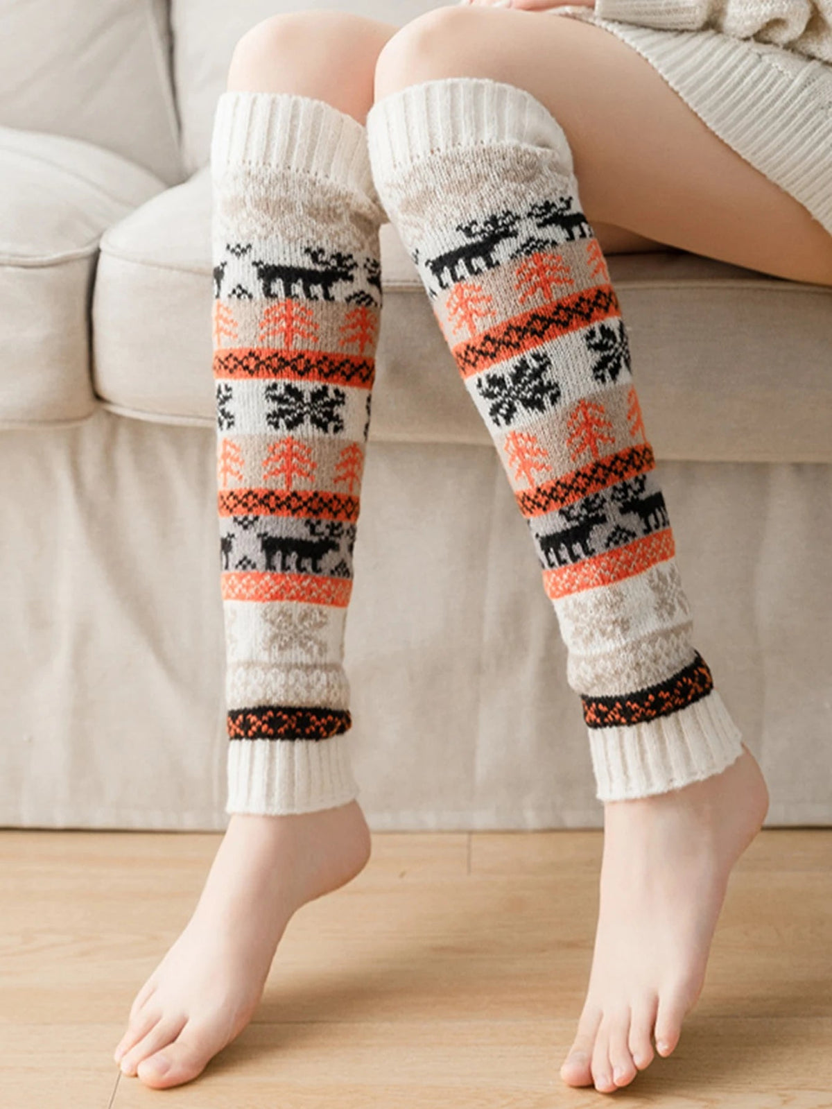 Gebreide Beenwarmers Dames Winter Acryl Lang 43cm Sneeuwvlokken Patroon Flexibel Comfortabel Warm Gezellig | Sansoti
