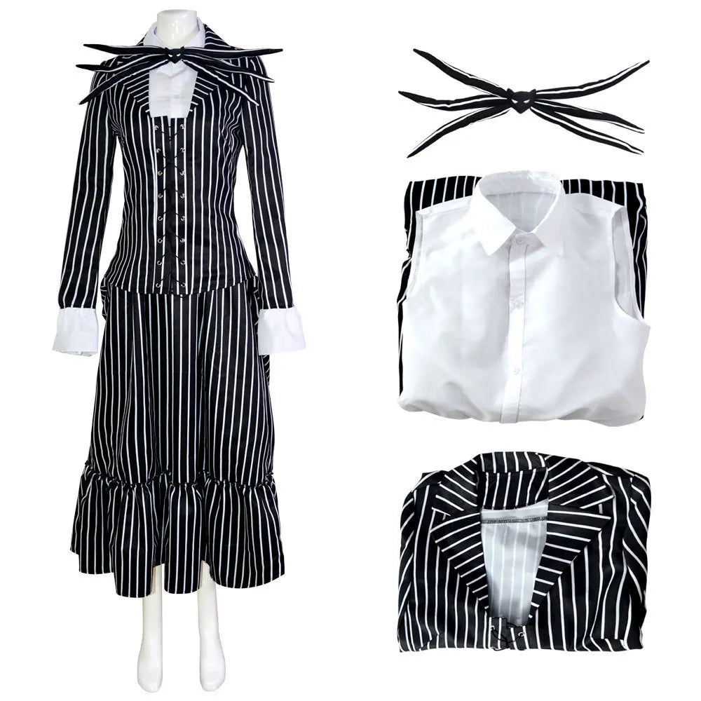 Costume de squelette rayé avec masque noir et blanc - costume d’Halloween, carnaval, fête et déguisement pour enfants | Sansoti
