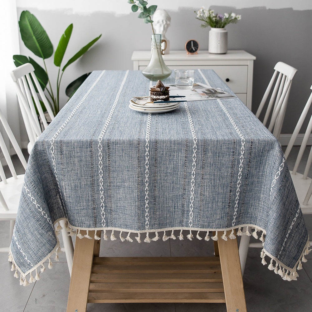 Cotton Linen Striped Tablecloth Brushed Edge Rectangular Dining Table Kitchen Parties Scandinavian Stylish | Sansoti