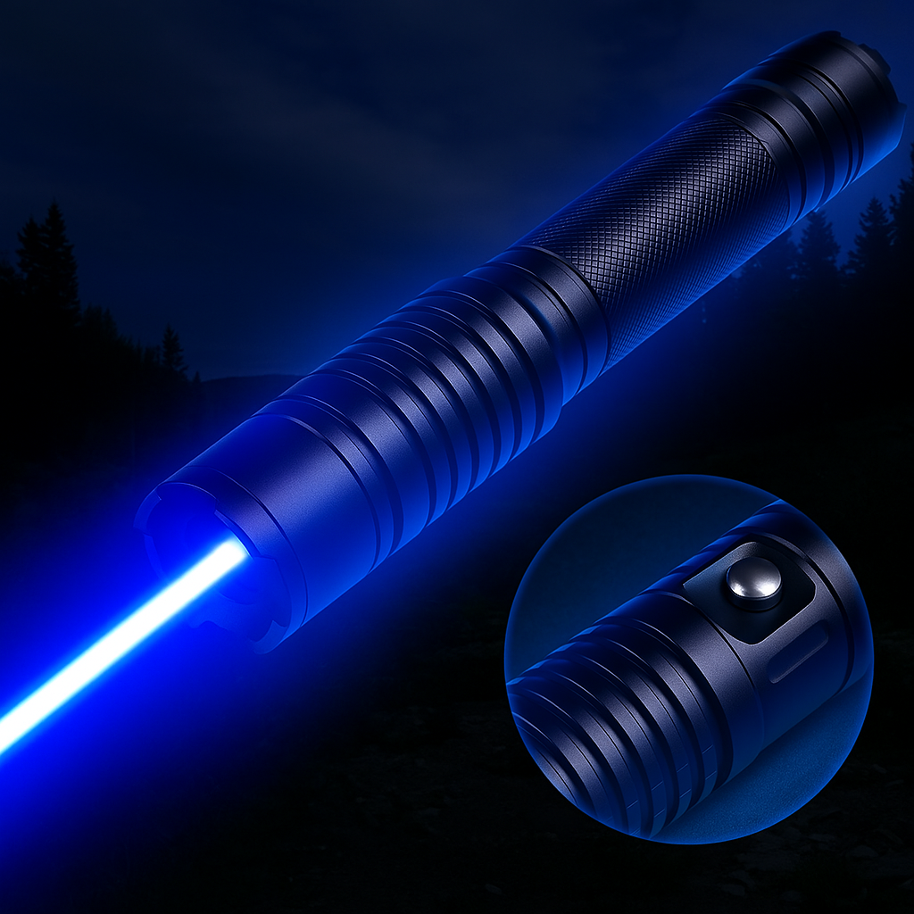 Powerful Blue 450nm Laser Pointer with Adjustable Focus and Thermal Ignition Function | Tactical Range 5000m+ | Aluminum Housing | Rechargeable with 2x 16340 Batteries | Sansoti