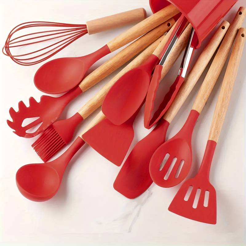 12-Piece Kitchen Utensil Set Silicone Wood Accent Heat-Resistant 230°C Non-Stick Cooking Spoons Spatula Kitchen | Sansoti