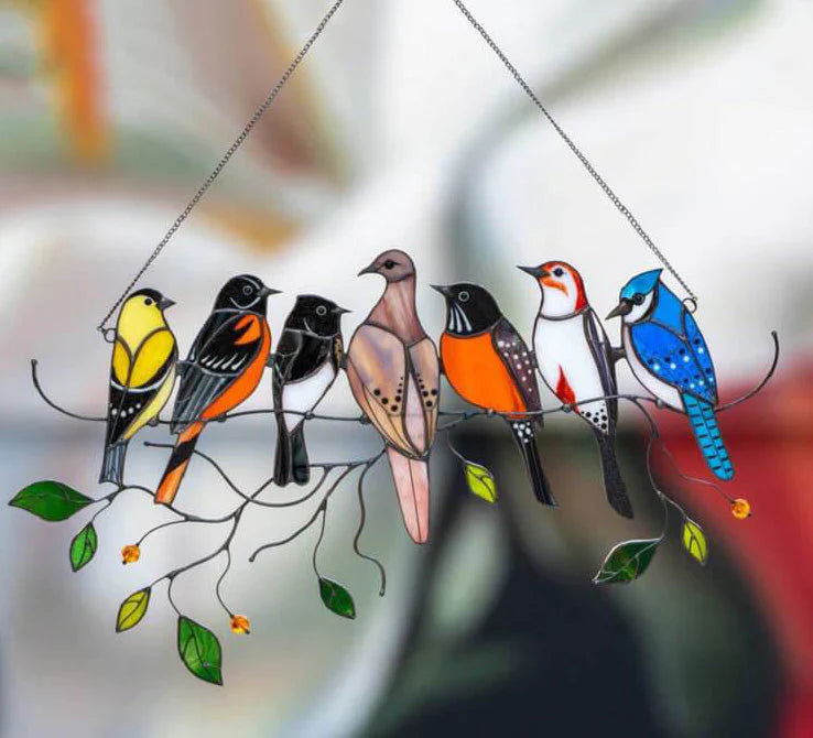 Decorative Bird Suncatcher in Stained Glass Style Multicolor | Window and Wall Decoration with 7 Birds 20.5 × 10.5 cm | Sansoti