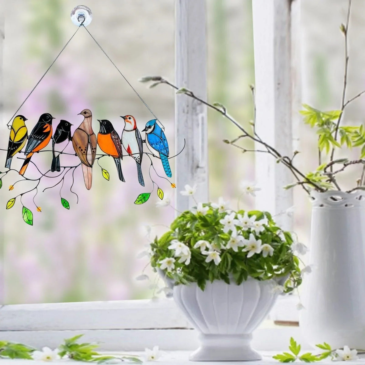 Atrapasol decorativo de pájaros de vidrio estilo vitral multicolor | Decoración para ventana y pared con 7 pájaros, 20,5 × 10,5 cm | Sansoti