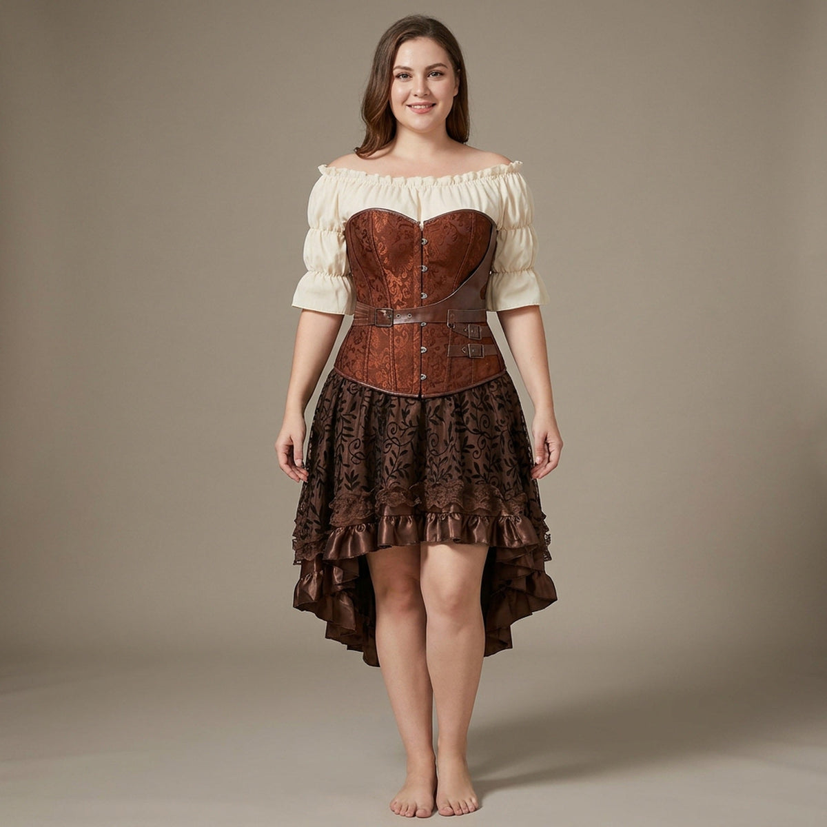 Piraten Korset Kostuum Set Kunstleer Off-Shoulder Blouse Gelaagde Rok Steampunk Gothic Halloween Verkleedkleding | Sansoti
