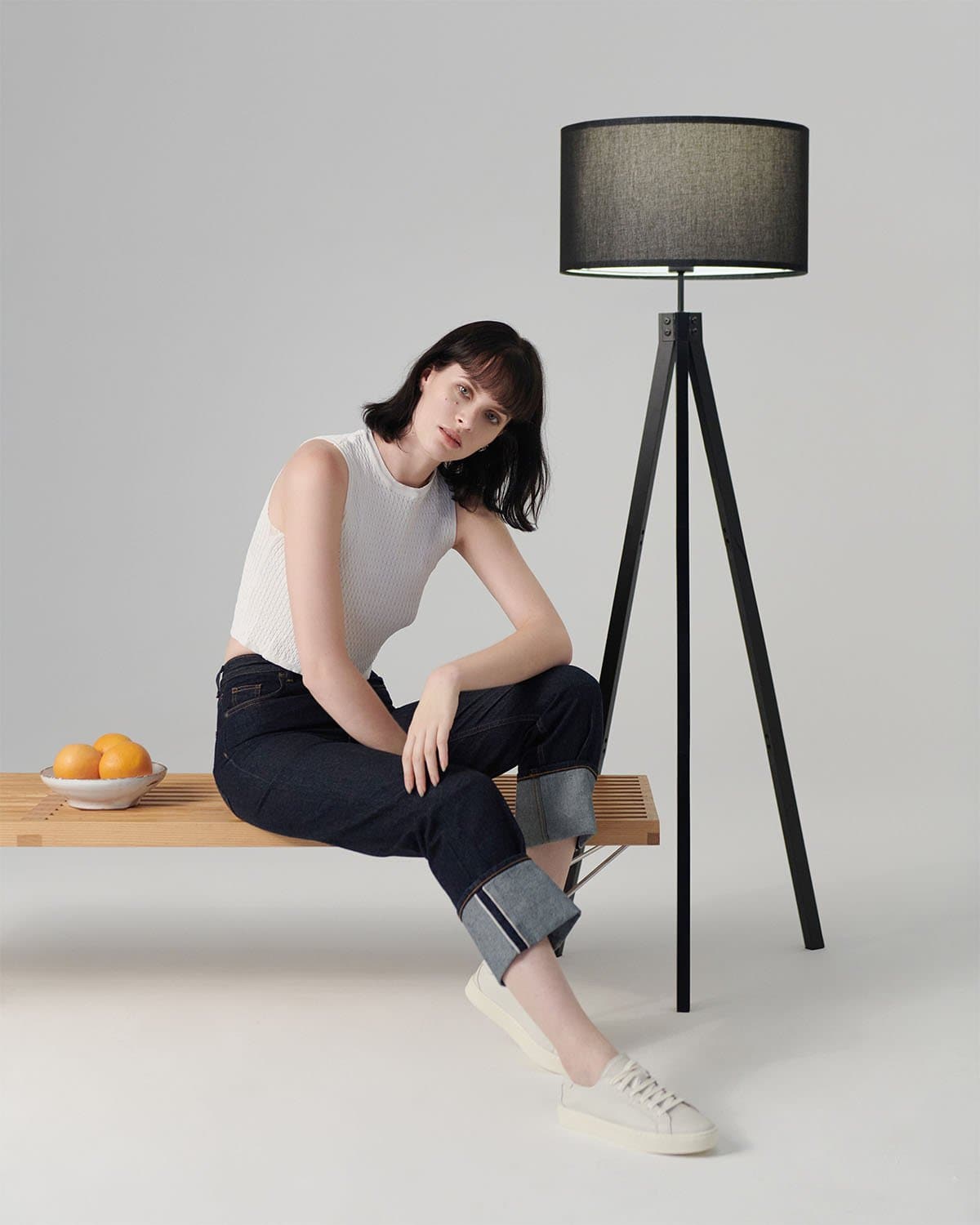 Floor Lamp Tripod Wooden Three-Legged 152cm With Fabric Shade LED | Sansoti