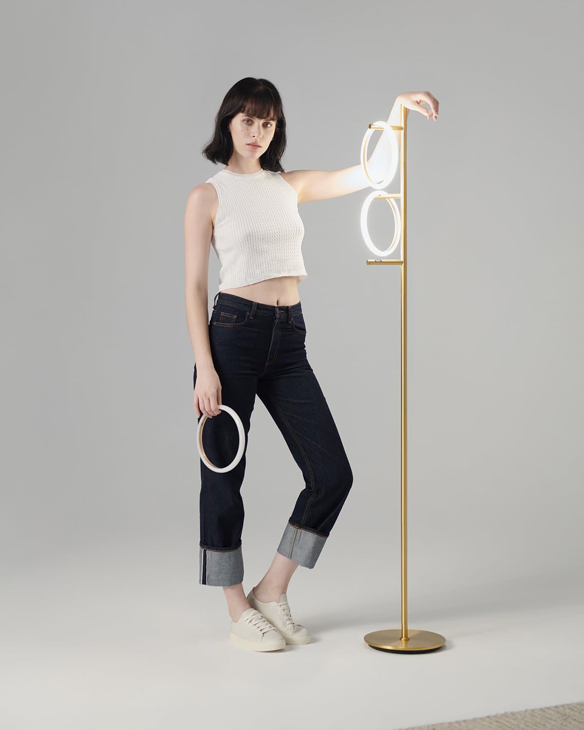 Stehlampe Ring LED Dimmbar Gold Metall 3 Lichtkreise Modern | Sansoti