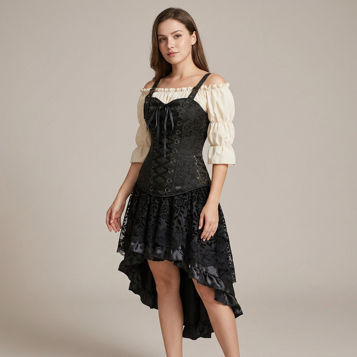 Piraten Korset Kostuum Set Kunstleer Off-Shoulder Blouse Gelaagde Rok Steampunk Gothic Halloween Verkleedkleding | Sansoti