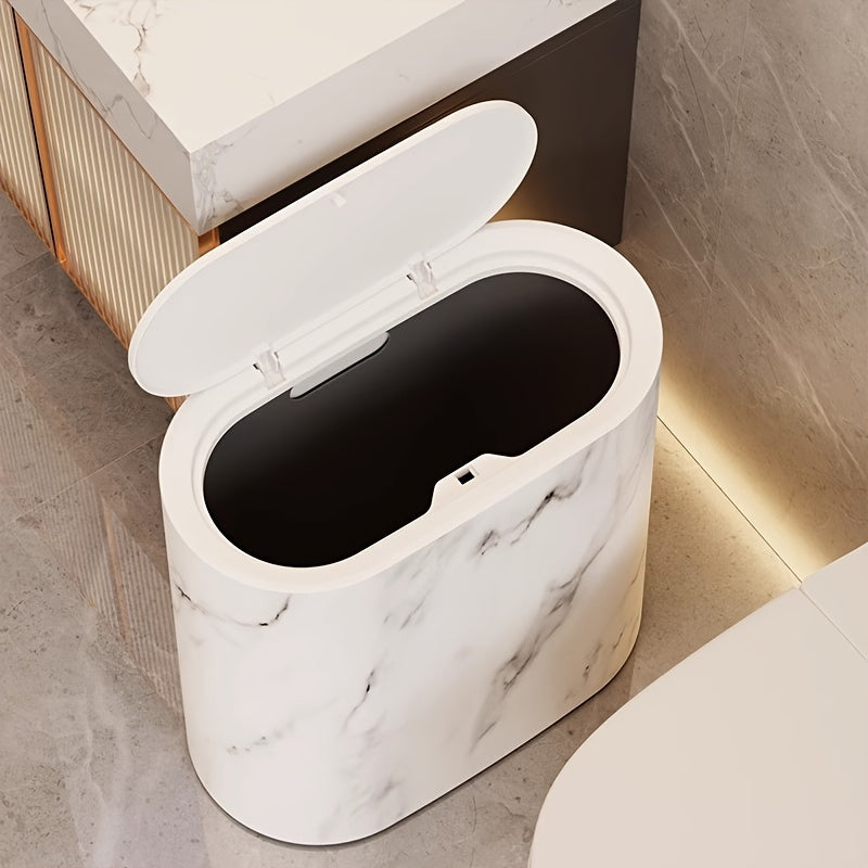 Desk Bin with Lid Compact 29x29x14,5 cm Oval Marble Look Office Bedroom | Sansoti