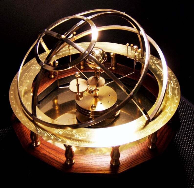 Mechanical Solar System Model Brass Semiprecious Stones 9 Planets 28 Moons Moving Decorative Oak Wood Base | Sansoti