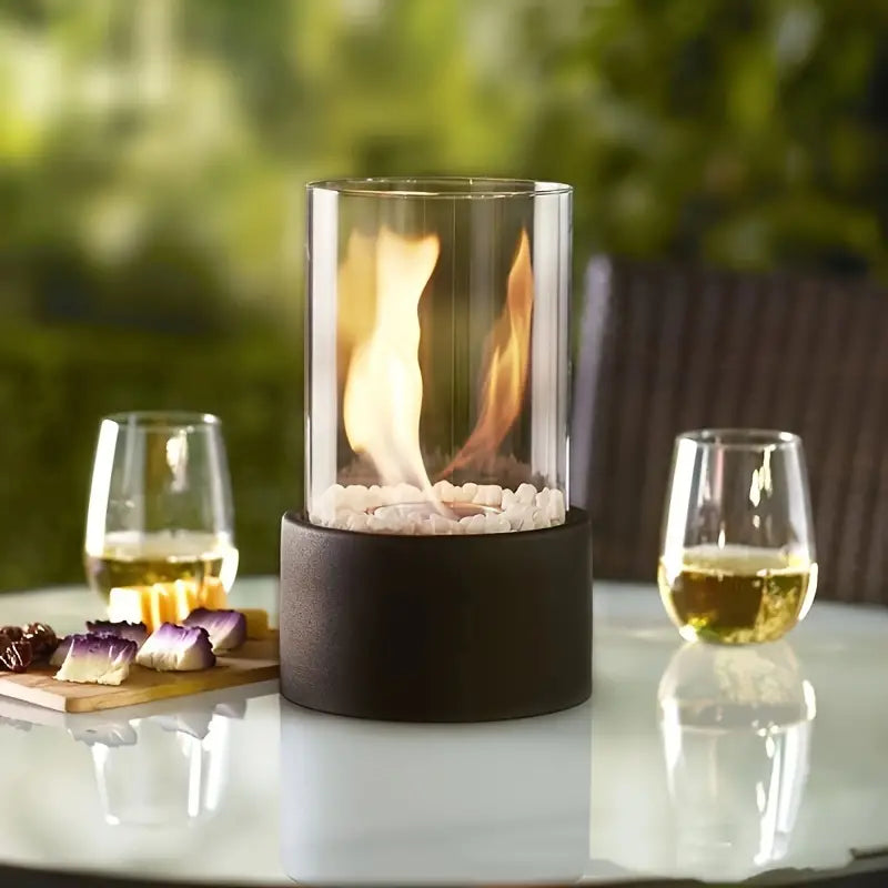 Moderne Bioethanol-Tischfeuerstelle mit Glaszylinder und rauchfreier Flamme für Innen- und Außenbereich, Stimmungsheizung | Sansoti