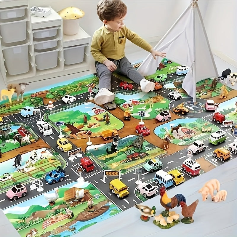 Mata do zabawy farma i ruch drogowy 100 x 130 cm antypoślizgowa do pokoju dziecięcego mata z drogami edukacyjna zabawa w odgrywanie ról | Sansoti