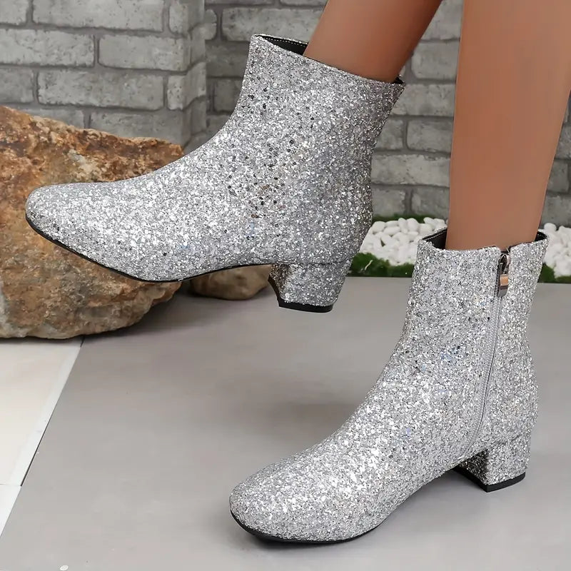 Glitzerstiefeletten mit Absatz für Damen Metallic-Partyschuhe Abendstiefel Funkelnd Elegant Bequem Gala | Sansoti