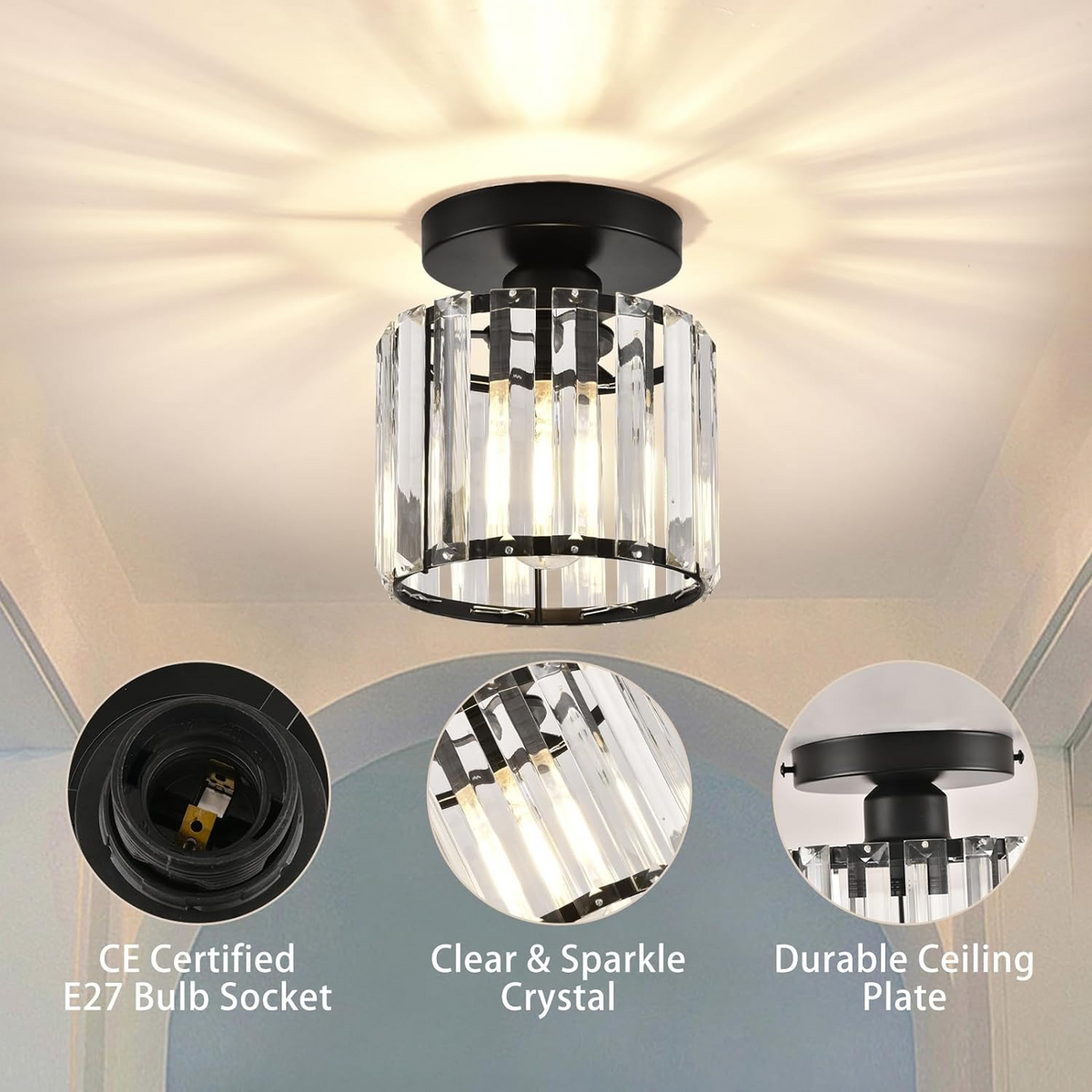 Ceiling Lamp Crystal Black Silver Gold E27 Surface Mounted Modern Hall Living Room | Sansoti