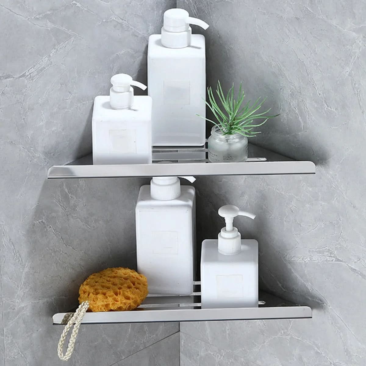 No-Drill Self-Adhesive Shower Shelf 304 Stainless Steel Corner Shelf 30,5 x 20,5 x 1,7 cm Open Bottom Raised Edge Black | Sansoti