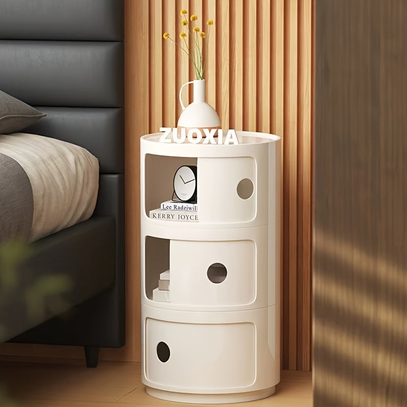 Round Multi-Tier Storage Cabinet White Bedside Table Plastic Stackable Modular Small Cabinet Bedroom Side Table | Sansoti