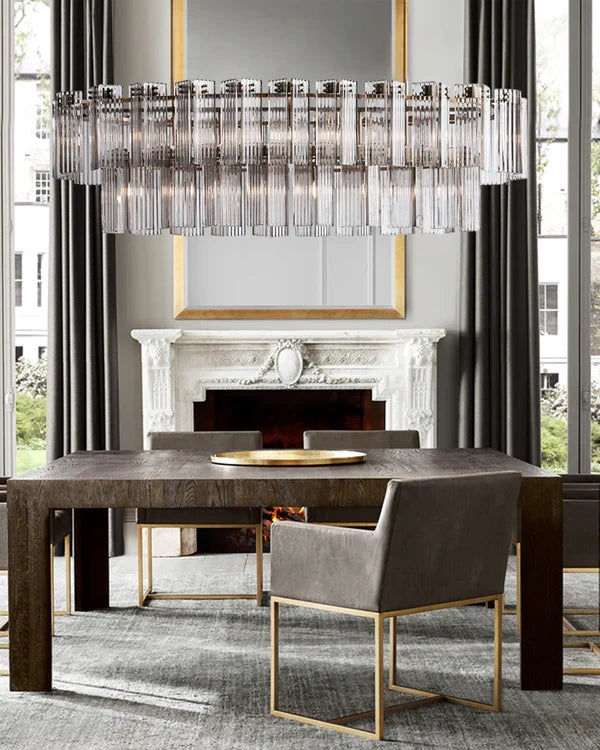 Oval Chandelier Ribbed Glass Steel Frame 51-72cm Adjustable Height E12 Socket Brass Bronze Dining Room | Sansoti