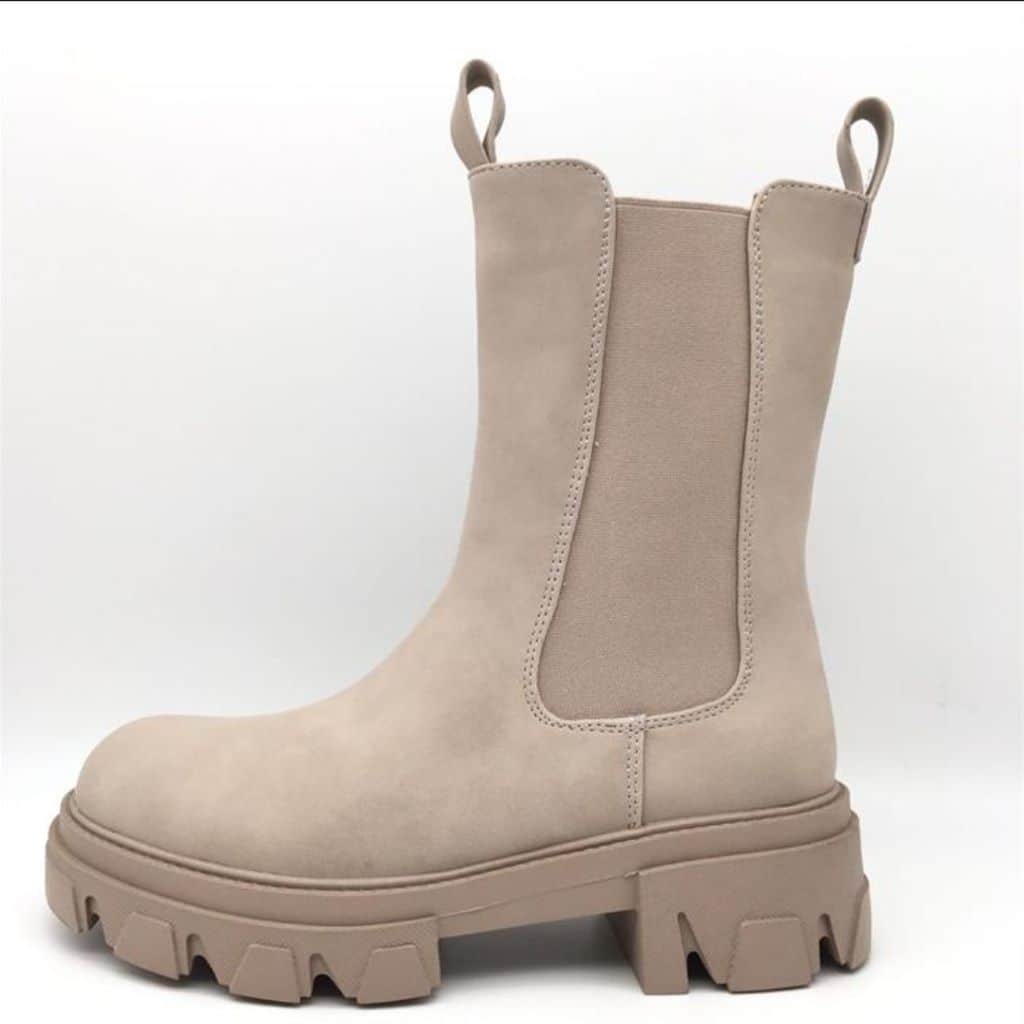 Beige Chelsea Boots Dames Halfhoog Elastiek Ritssluiting 5cm Hak Grove Zool Comfortabel Dagelijks Schoeisel | Sansoti