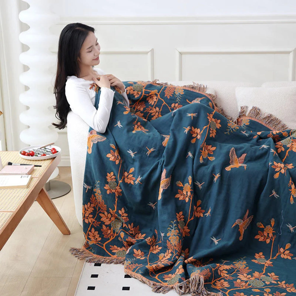 Multi-Layered Gauze Cotton Plaid with Tassels and Jacquard Pattern for Bed and Sofa | Sansoti