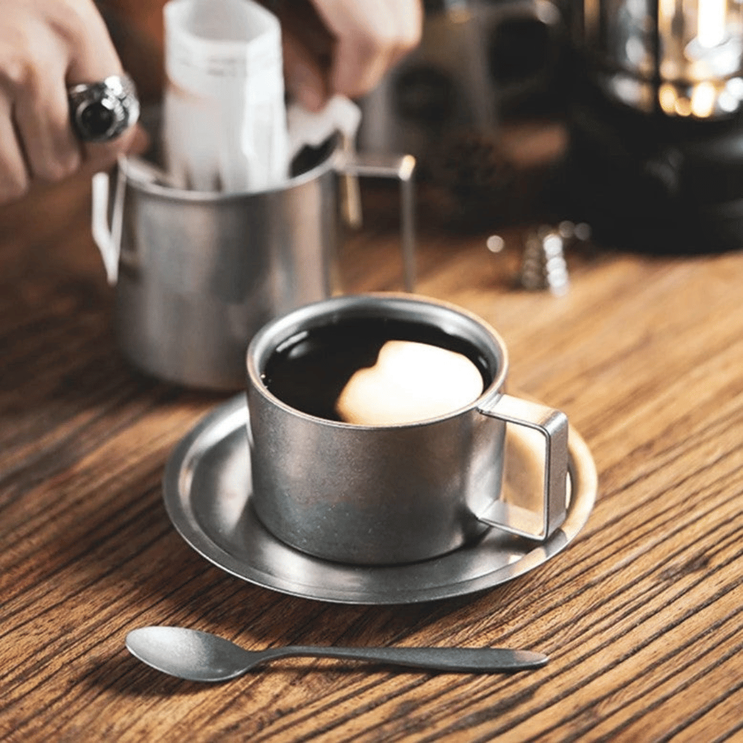 Double-Walled Stainless Steel Coffee Cup with Saucer and Spoon, Vintage-Style Set, 180-280ml Cappuccino Espresso | Sansoti