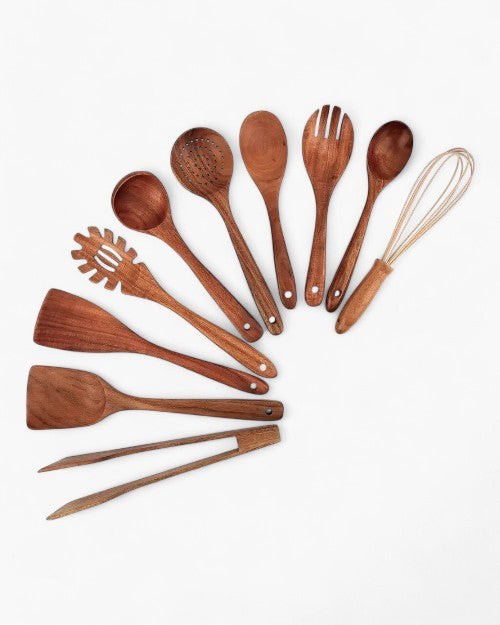 Teakholz Küchenutensilien Set | Nachhaltiges Holzbesteck für den täglichen Gebrauch | Schonend für Pfannen | Elegantes Küchenaccessoire | Umweltfreundlich | Sansoti