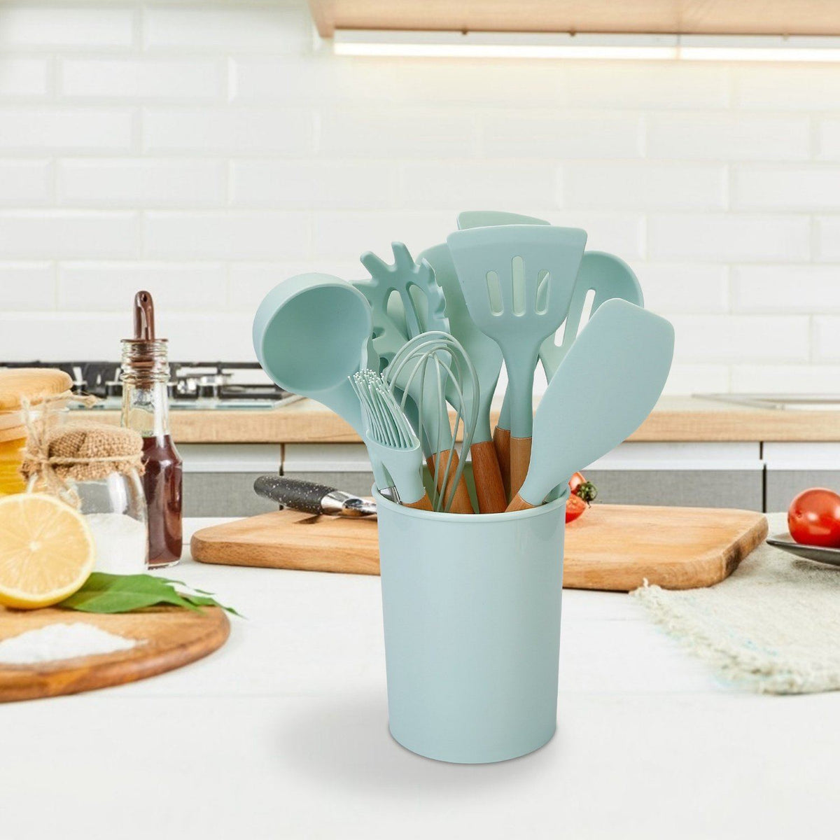 Silicone Kitchen Utensil Set 11-Piece Heat-Resistant Non-Stick Spatula Spoon Whisk Wooden Handle Storage Holder | Sansoti