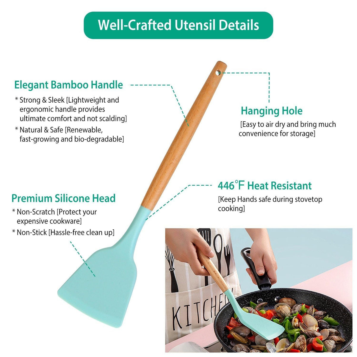 Silicone Kitchen Utensil Set 11-Piece Heat-Resistant Non-Stick Spatula Spoon Whisk Wooden Handle Storage Holder | Sansoti