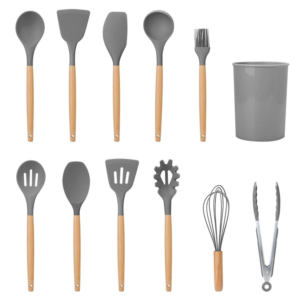 Silicone Kitchen Utensil Set 11-Piece Heat-Resistant Non-Stick Spatula Spoon Whisk Wooden Handle Storage Holder | Sansoti