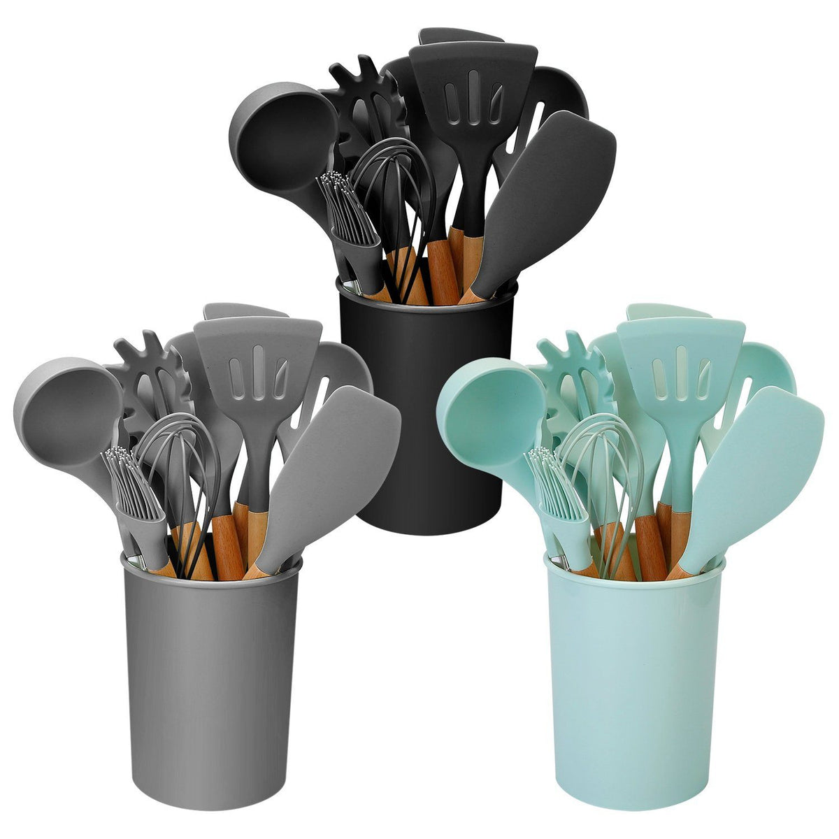 Silicone Kitchen Utensil Set 11-Piece Heat-Resistant Non-Stick Spatula Spoon Whisk Wooden Handle Storage Holder | Sansoti