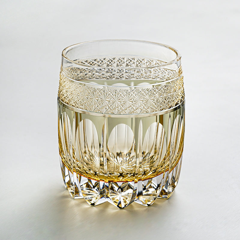 Hand-Cut Amber Whiskey Glass with Starry Sky Pattern and Wooden Box | Sansoti