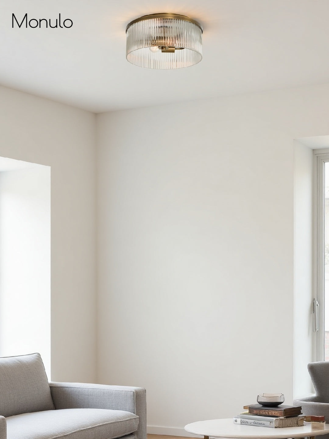 Ribbed Glass Ceiling Lamp Modern Low-Profile Design Bedroom Living Room Hall | Sansoti