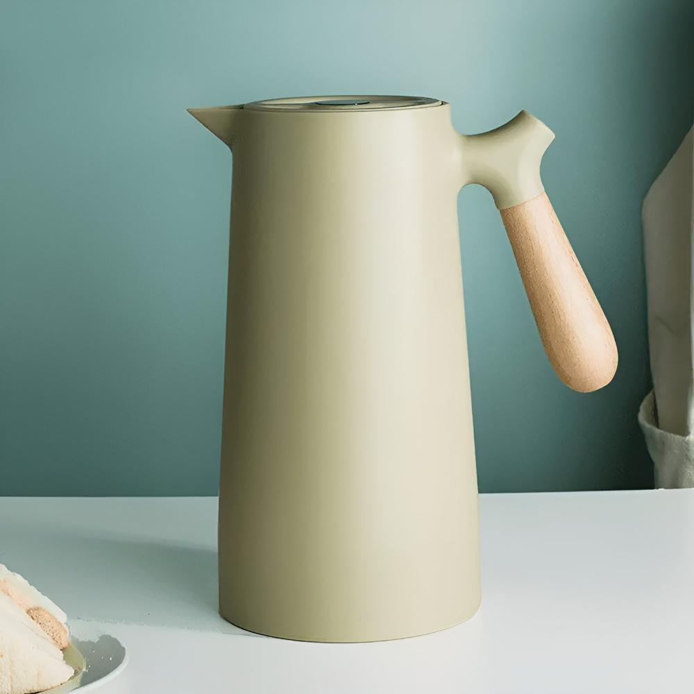 Isolierte Karaffe 1 Liter Holzgriff Doppelwandig Kaffeekaraffe Thermos Skandinavisches Design Grün Weiß Schwarz Rot Braun | Sansoti