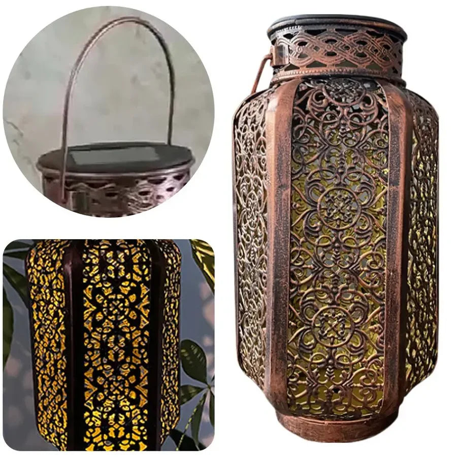 Solar Lantern Outdoor Iron Copper Moroccan Pattern Garden Terrace Balcony IP44 8-10 Hours Solar Energy Ambient Lighting | Sansoti