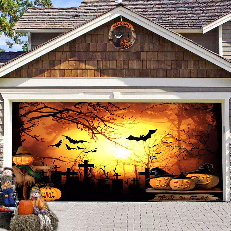 Halloween Garagentor Dekoration Gespenstischer Druck Schattenstoff Wiederverwendbar Horror Atmosphäre Stoff Wasserdicht Außen Partydekoration | Sansoti