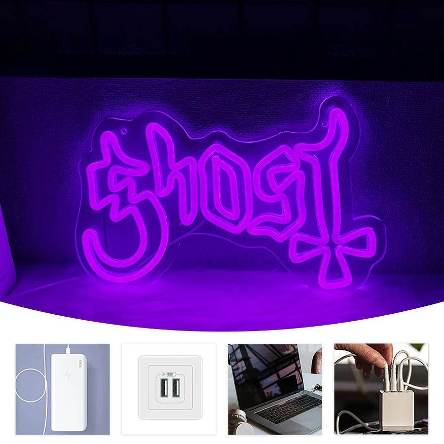 Halloweenowy neon LED z nietoperzami – fioletowo-pomarańczowe oświetlenie ścienne do dekoracji, tworzące świąteczną atmosferę Halloween | Sansoti
