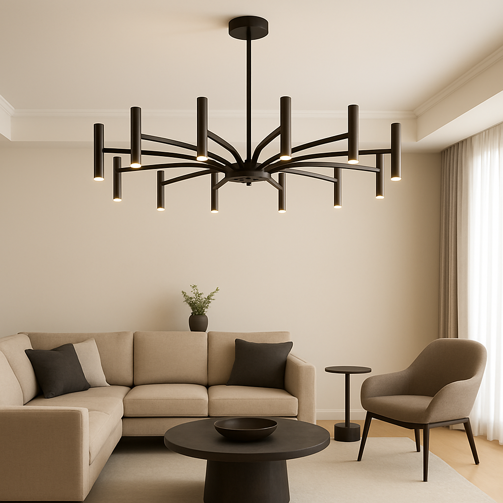 Lustre contemporain 12 têtes Ø100cm fer forgé noir chambre salon lampe plafond LED moderne design éclairage | Sansoti