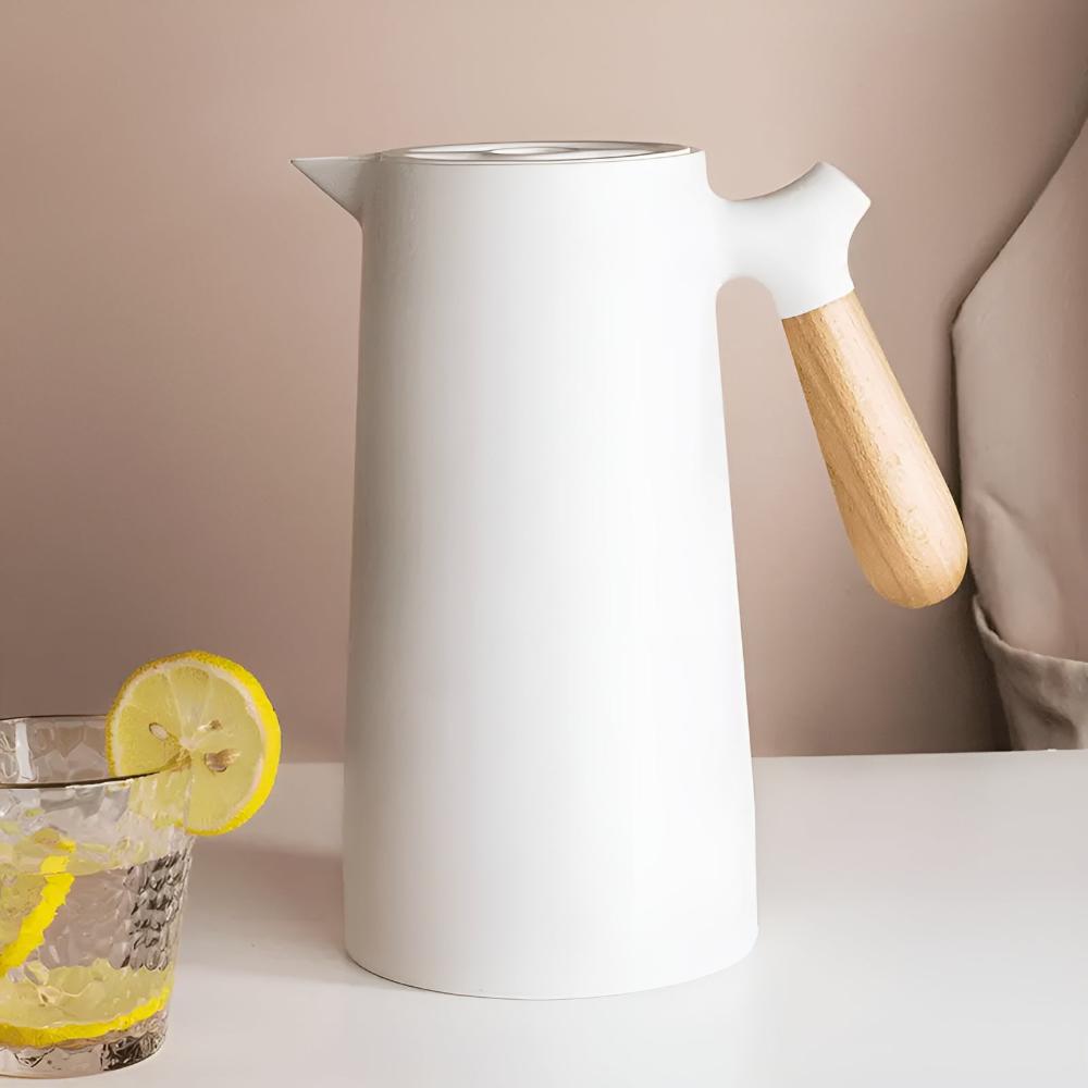 Isolierte Karaffe 1 Liter Holzgriff Doppelwandig Kaffeekaraffe Thermos Skandinavisches Design Grün Weiß Schwarz Rot Braun | Sansoti
