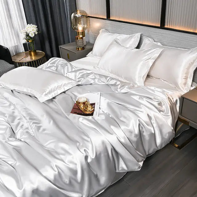 Satines-Bettbezug, einfarbig und glänzend, mit Kissenbezügen – seidig-weiche Luxus-Bettwäsche für das Schlafzimmer | Sansoti