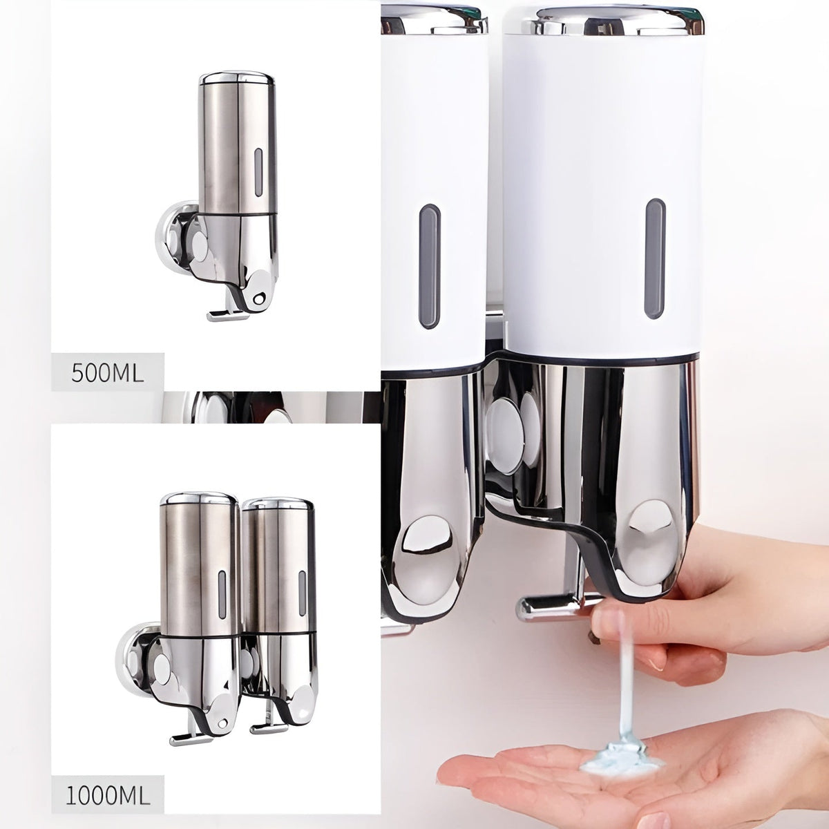 Dispensador de jabón de pared, 500ml, montaje en pared, acero inoxidable, cromado, para baño y cocina, sencillo, doble o triple, jabón líquido | Sansoti