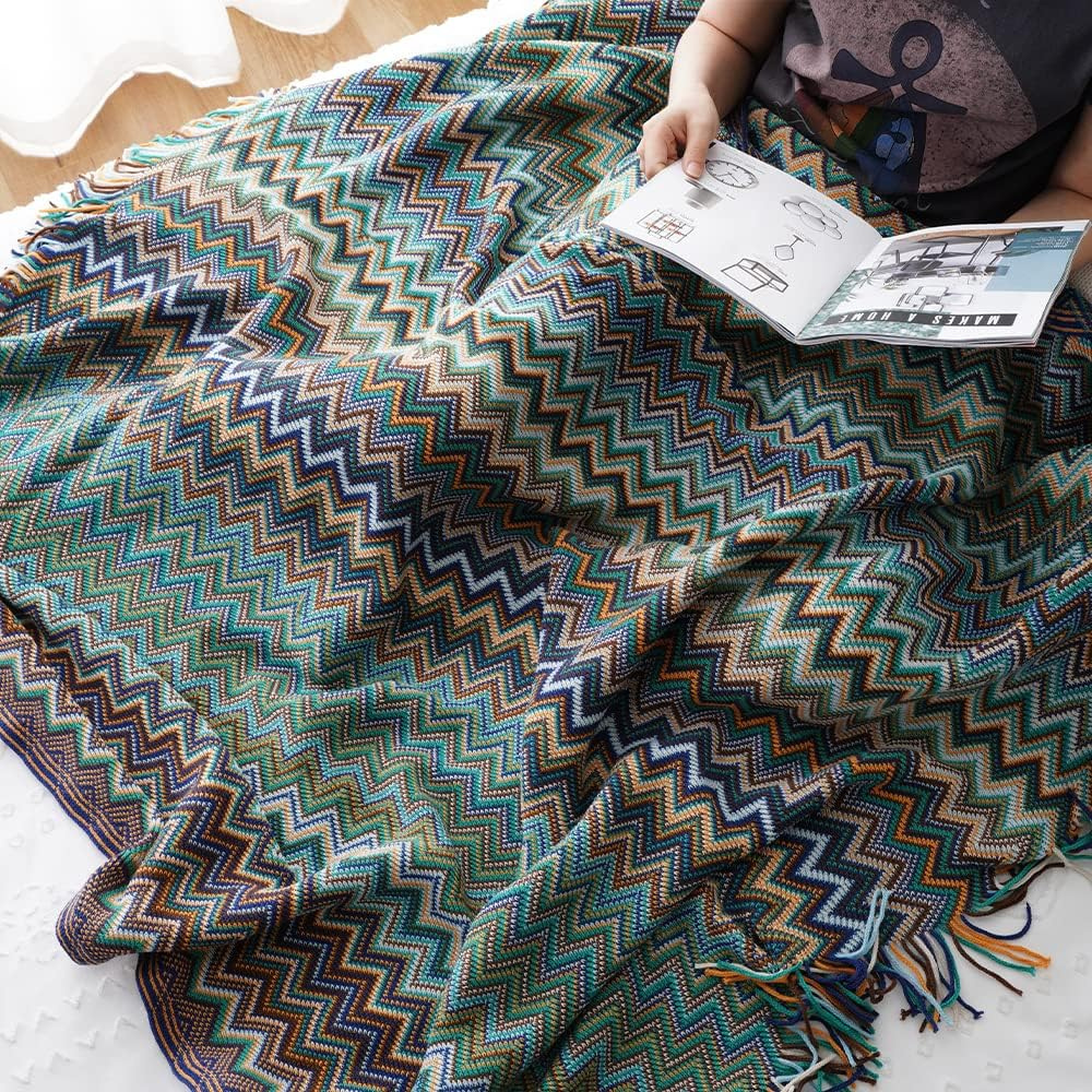 Gebreide Plaid met Zigzag Franjes – Zachte Gehaakte Deken voor Bank en Bed Alle Seizoenen Bohemian Stijl | Sansoti