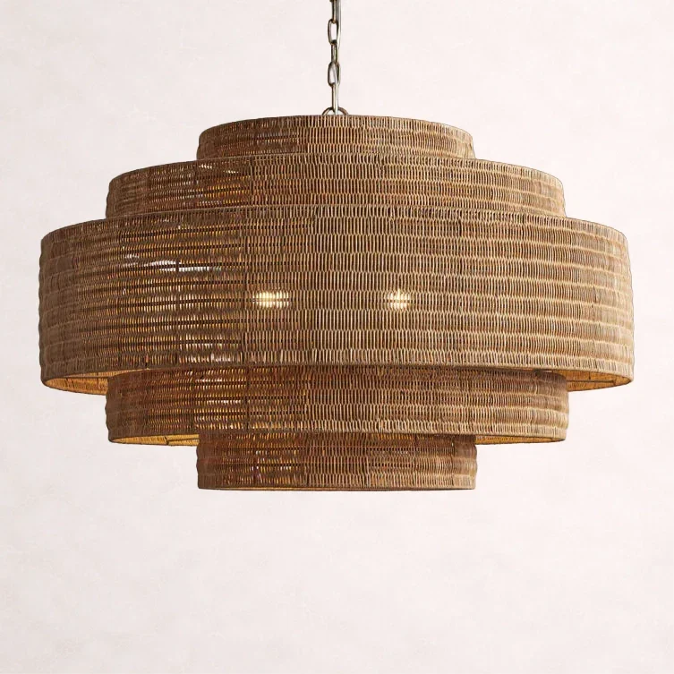 Woven Rattan Chandelier Layered Iron Frame Adjustable Height Pendant Light Dining Room Living Room Lighting | Sansoti