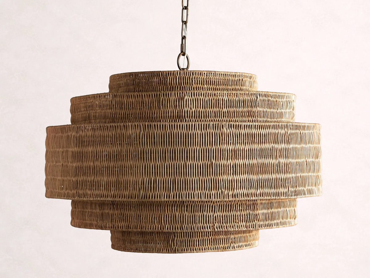 Woven Rattan Chandelier Layered Iron Frame Adjustable Height Pendant Light Dining Room Living Room Lighting | Sansoti