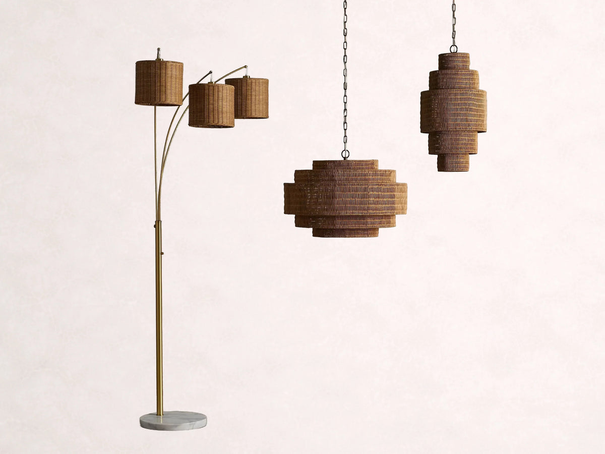 Woven Rattan Chandelier Layered Iron Frame Adjustable Height Pendant Light Dining Room Living Room Lighting | Sansoti