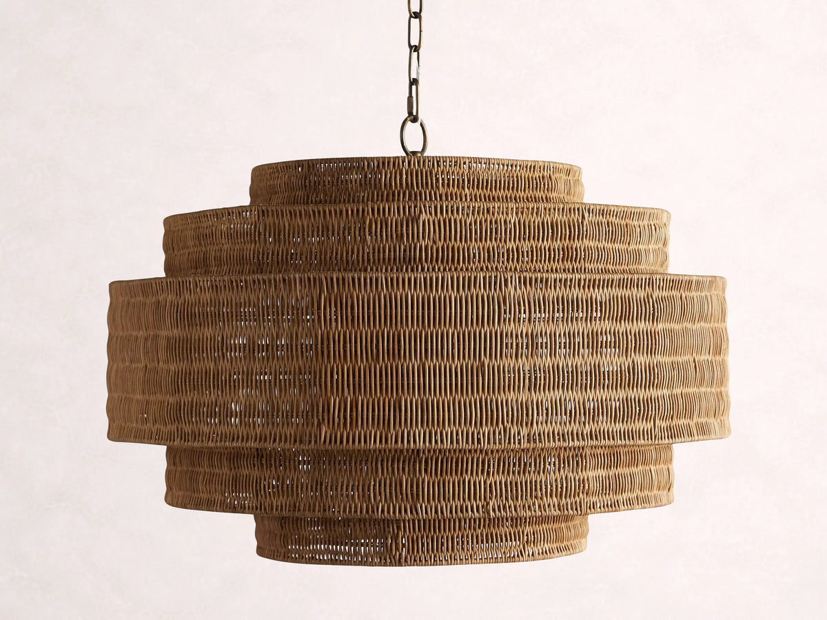 Woven Rattan Chandelier Layered Iron Frame Adjustable Height Pendant Light Dining Room Living Room Lighting | Sansoti