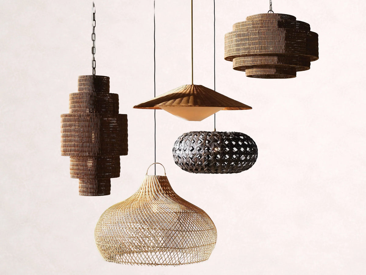 Woven Rattan Chandelier Layered Iron Frame Adjustable Height Pendant Light Dining Room Living Room Lighting | Sansoti