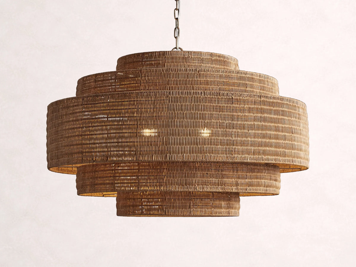Woven Rattan Chandelier Layered Iron Frame Adjustable Height Pendant Light Dining Room Living Room Lighting | Sansoti