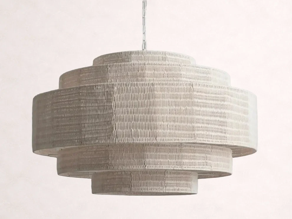 Woven Rattan Chandelier Layered Iron Frame Adjustable Height Pendant Light Dining Room Living Room Lighting | Sansoti